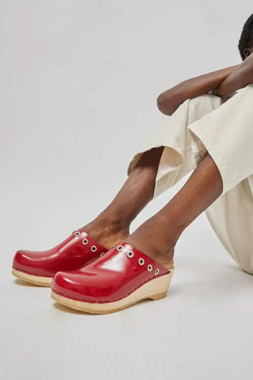No.6 Store Collections | Clog Sandals And Shoes | Bella Clog on Mid Wedge in Red Patent with Eyelets