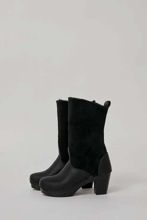 No.6 Store Collections | Clog Boots | 9" Pull On Shearling Clog Boot on High Heel in Black Suede on Black Base