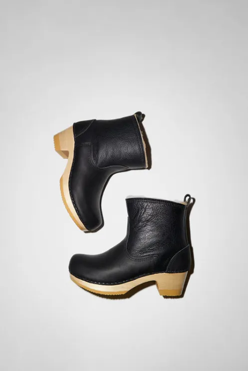 No.6 Store Collections | Clog Boots | 5" Pull On Shearling Clog Boot on Mid Heel in Ink Aviator
