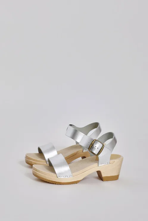 No.6 Store Sale Clogs | Collections | Two Strap Clog on Mid Heel in Silver