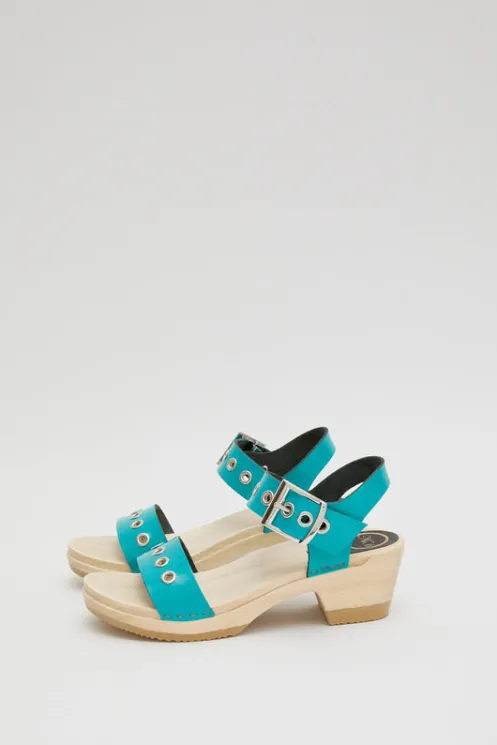 No.6 Store Sale Clogs | Collections | Two Strap Clog on Mid Heel in Turquoise Patent with Eyelets
