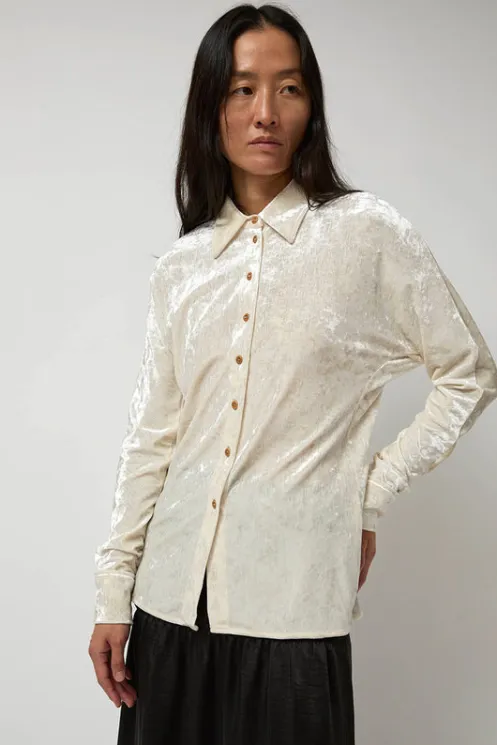 No.6 Store Tops | Clothing | Washed Velvet Long Shirt in Ivory