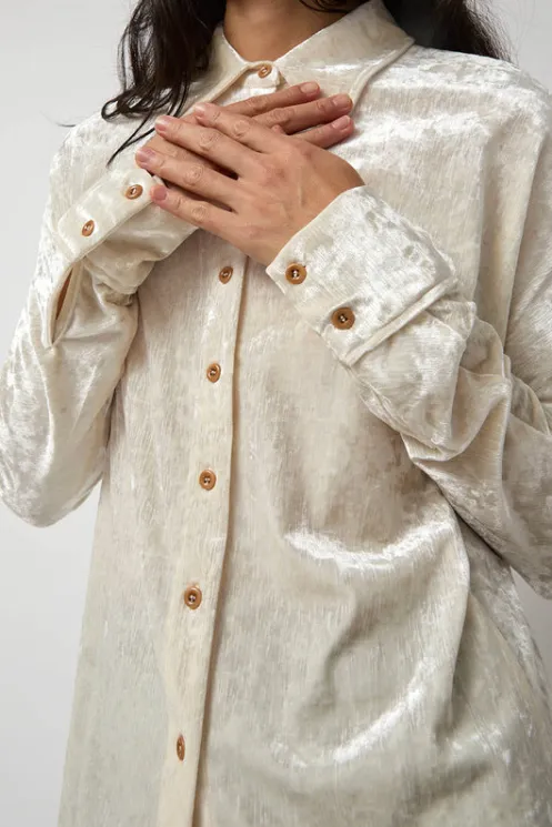 No.6 Store Tops | Clothing | Washed Velvet Long Shirt in Ivory